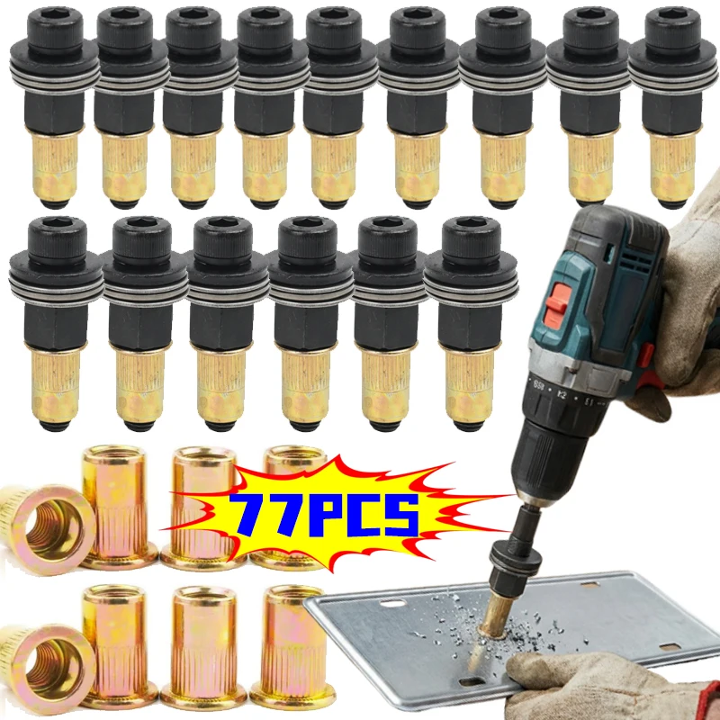 77pcs M3 M4 M5 M6 M8 M10 M12 Carbon Steel Blind Rivet Nuts Rivet Nut Tool Kit Set Heavy Duty Hand Rivnut Tool for Car Plate