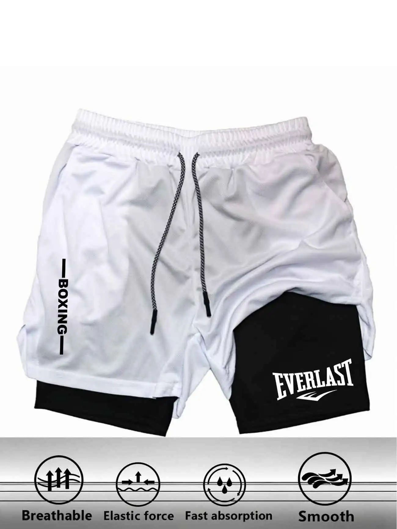 Men's compression gym shorts, EVERLAST printed sports pants, double layered, quick drying, basketball, muscle