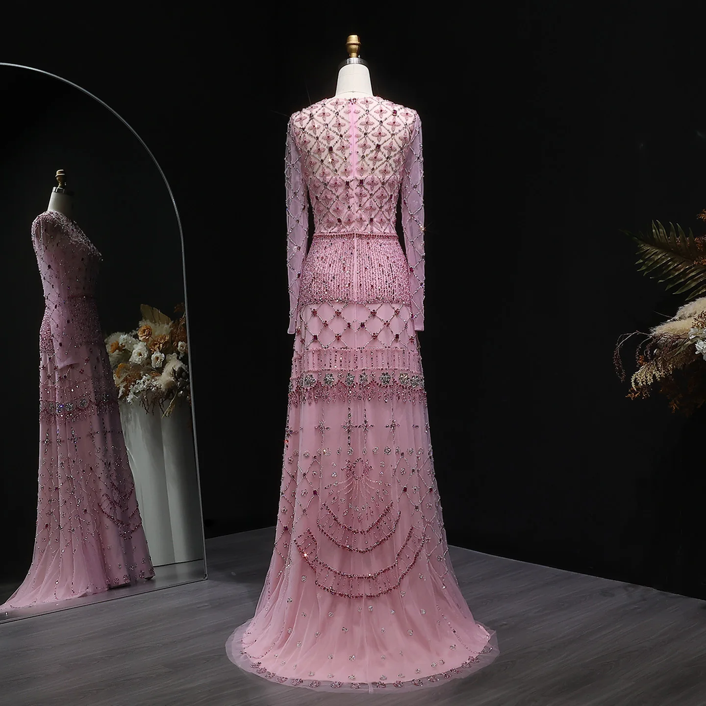 Sharon Said Abito da sera di lusso con perline rosa Manica lunga Dubai Elegante arabo Abiti da ballo per feste per le donne SS220 Personalizzato
