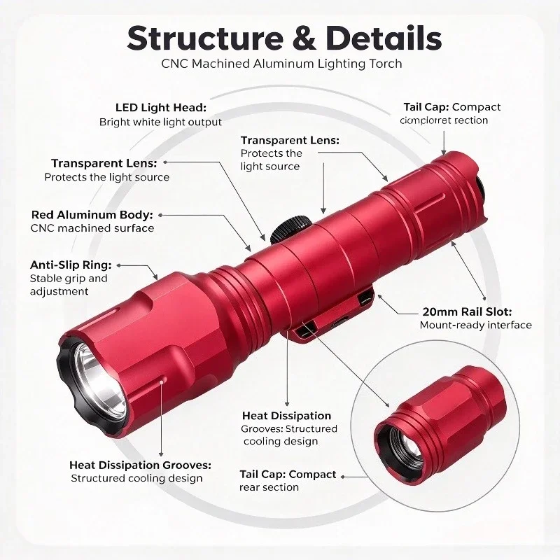 High Lumen 1500LM Red LED Torch CNC Machined Aluminum Shell 20mm Rail Slot Mount Outdoor Portable Tactical Lighting Flashlight