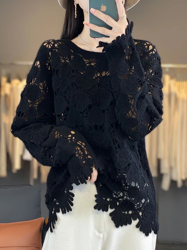 100% Merino Wool Women's Handcrafted Knitting And Embroidery Heart Shaped Openwork Style Autumn Winter Warm O Neck Pullover