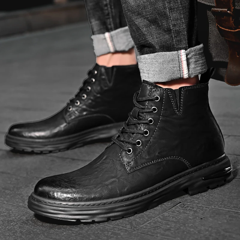 

Ботинки на ботильоны из текстурированной кожи с кружевом | Мужская обувь большого размера с усиленным каблуком и широким носком