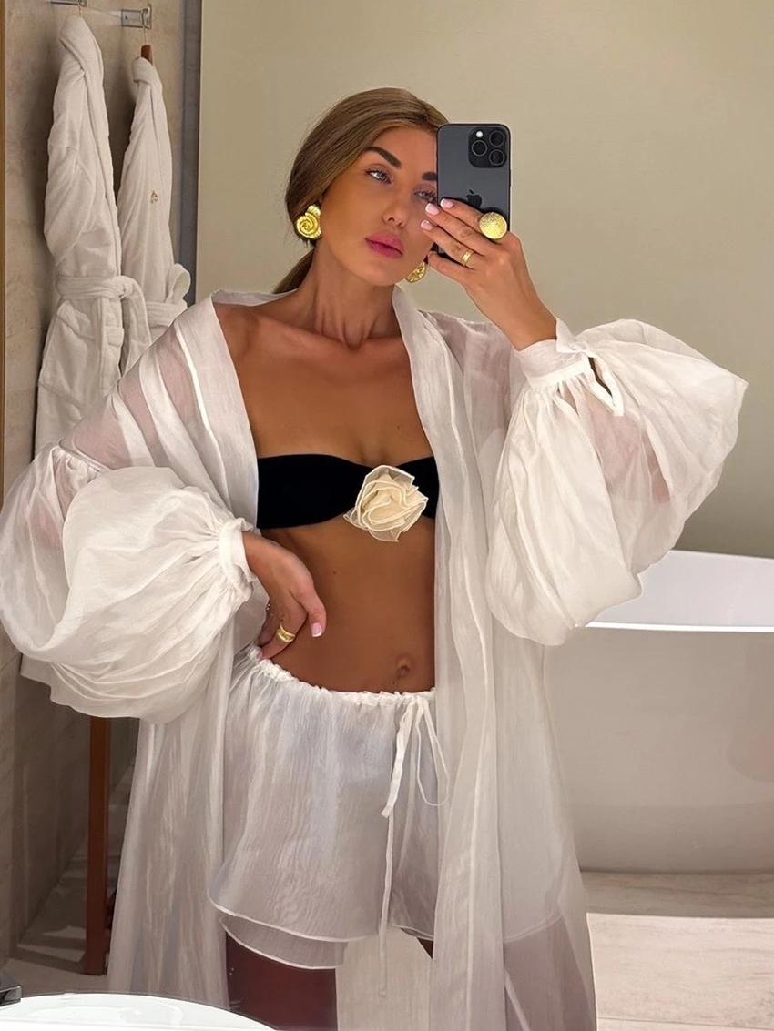 Marthaqiqi Casual Ladies Pajama Set Long Sleeve Nightdress Sexy V-Neck Sleepwear Lace Up Nightwear Shorts Loose Home Clothes Female