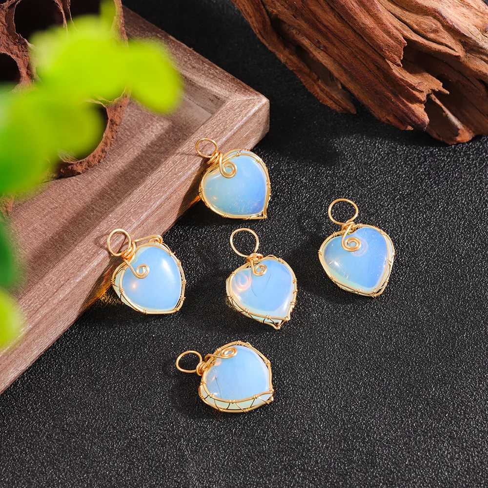 1Pc Natural Heart Shaped Opal Pendant Golden Wire Wrapped White Opalite Gemstone Polished Healing Crystal Stone with Alloy Chain