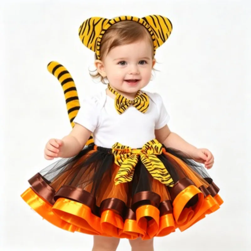 Little Girls Tiger Print Ballet Tutu Skirt, Daily Double-layer Tulle Midi Skirt, Toddler Festival Stage Performance Costume