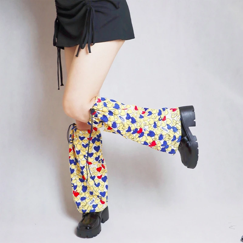 Jambières Punk pour femmes, japonais, Harajuku, multicolore, dessin animé, sourire, cœur, imprimé, couvre-pieds, Baggy, cordon