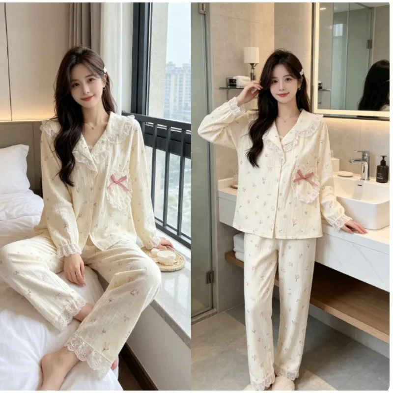 

Japanese Floral Pajama Set Cloud Cotton Cute Long Sleeve Pant Breathable & Lightweight Perfect for Home Sleep Lounge