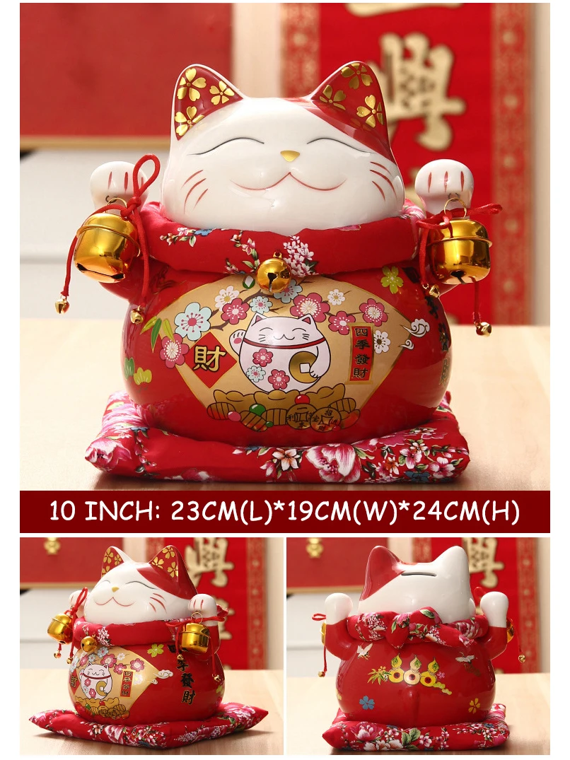 10 بوصة السيراميك محظوظ القط حصالة Maneki Neko قطط الحظ الخزف سعيد يبتسم القط أرقام فنغ شوي ديكور حلية