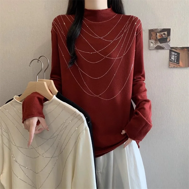 

Вязаный свитер, футболка, женская верхняя одежда, осень-зима 2025 г., рубашка с полувысоким воротником, пуловер со стразами, топ с длинным рукавом W1179