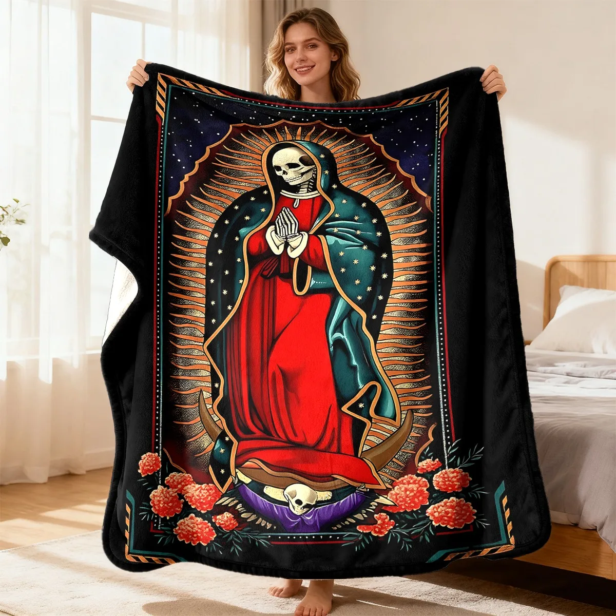 Santa Muerte Floral Flannel Throw Blanket, Gothic Skeleton Saint Soft Warm Blanket for Sofa Bed Home Decor Gift Ideas Now