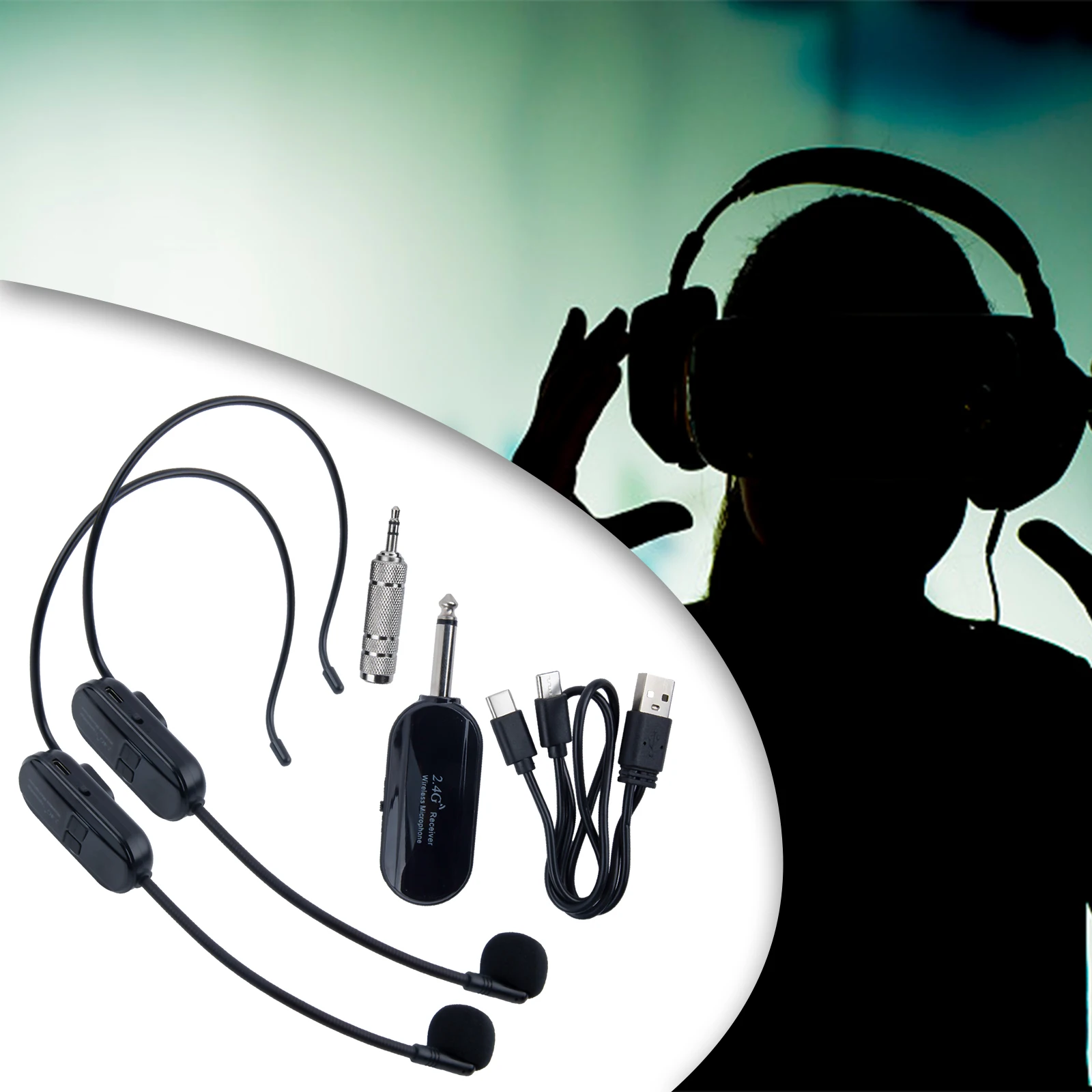 

1 комплект, 2,4G, беспроводной микрофон, гарнитура, беспроводные наушники для голоса-усилитель, динамик, караоке, компьютер, обучение, встречи, йога