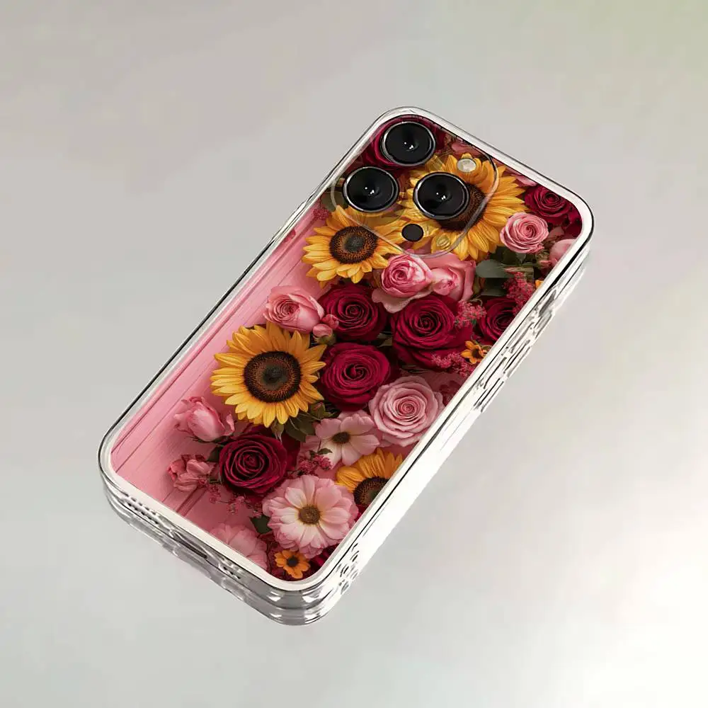 Capa de telefone rosa e girassol para iPhone 17,16,15,14,13,12, Pro, Max, Plus, E, SE4, Air, Mini capa transparente