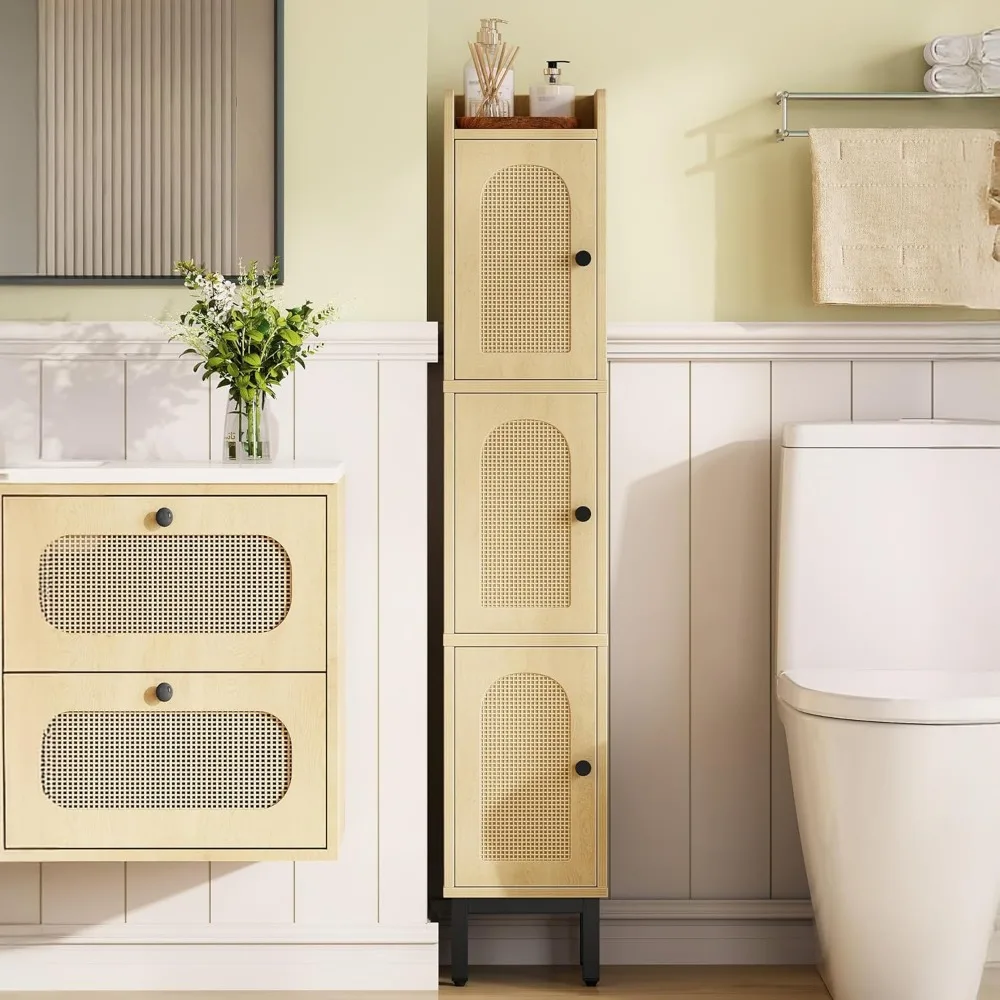 

Slim Bathroom Storage Cabinet Narrow Organizer Adjustable Feet Small Space Kitchen Living Room 3 Doors Rattan Yellow
