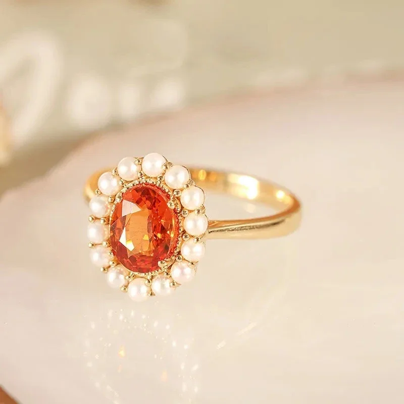 Original New S925 Silver Orange Ruby Oval Ladies Ring Open Pearl Light Luxury Sweet And Fresh To Attend The Wedding Jewelry