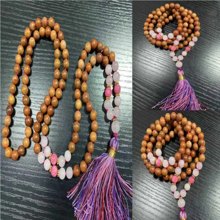 8mm 108 natural rosewood beads pink crystal knot necklace Beads Women Classic Gift Yoga Teenagers Couples Bridal Peace