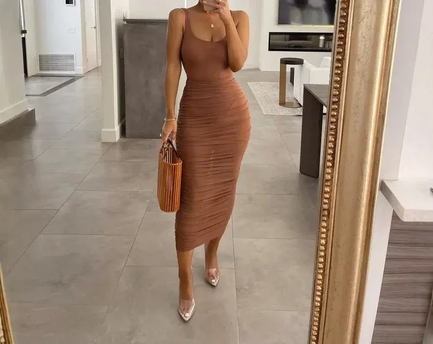 

Dresses Woman Clothing 2024 Summer Sexy Elegant Evening Party Brown Camisole Tight Fitting Hip Wrap Dress Fashion Casual Female