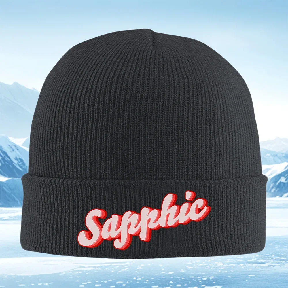 2026 Sapphic text,stylish font,black background. Men Women Unisex Knitted Hat Beanie Pullover Cap Winter Thermal Warm Christmas