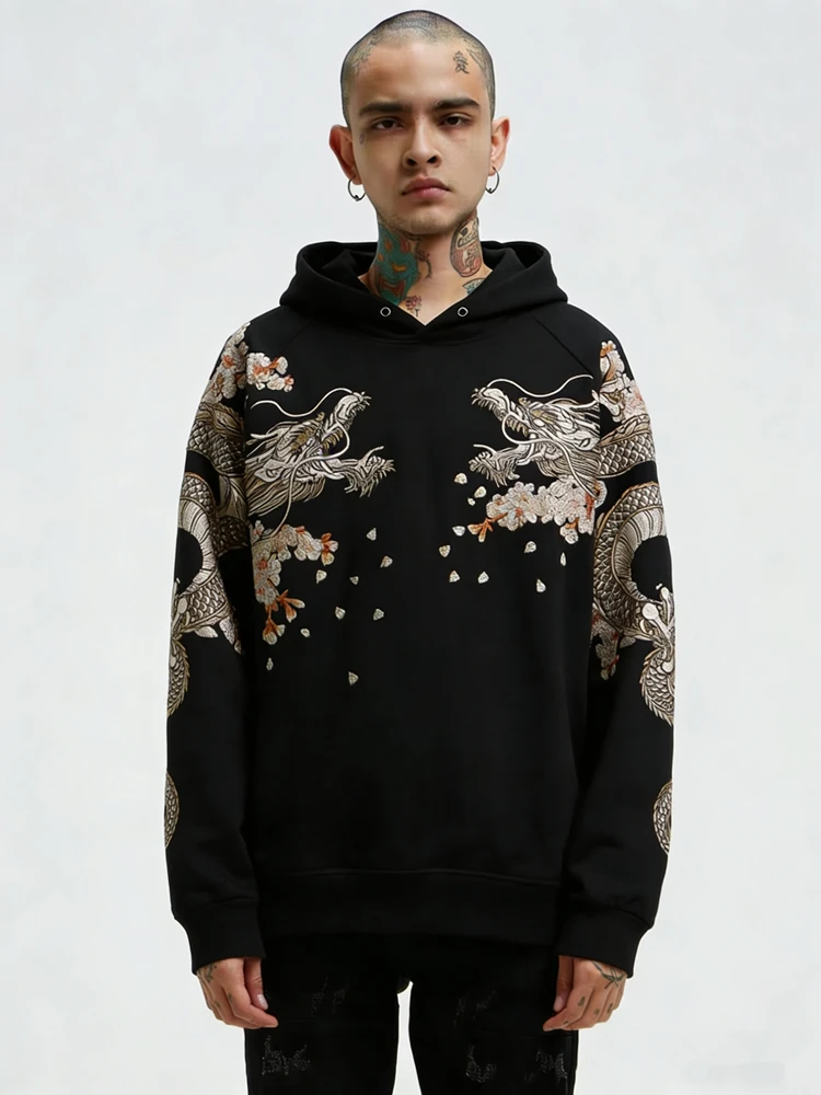 Herren und Jungen High-Street-Hoodies Original Yokosuka Sukajan Schwarz All-Match Drachen-Phönix-Suzaku Bestickter Pullover Übergröße