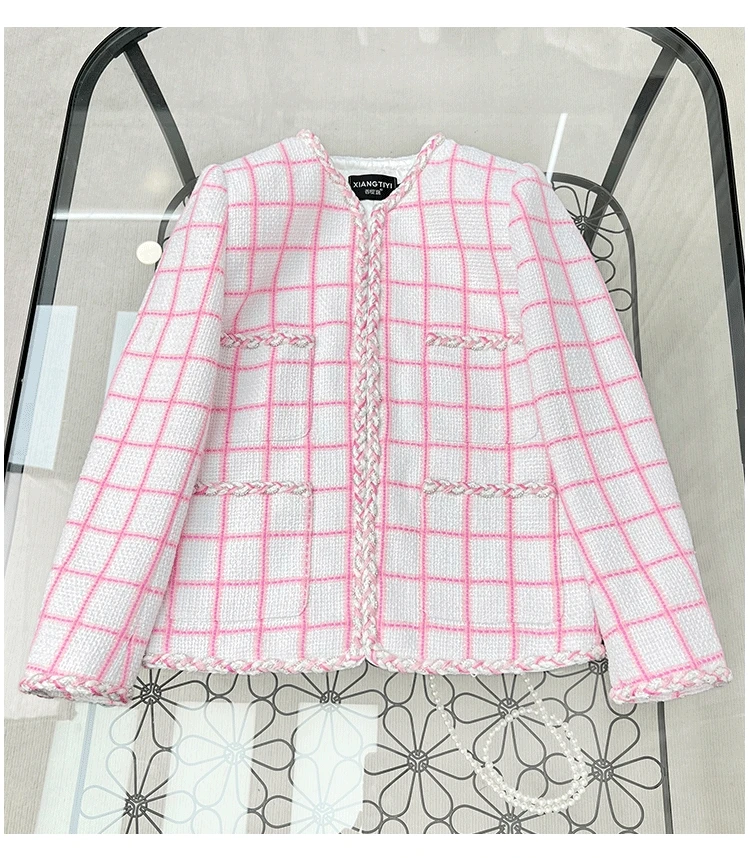 Brand New Spring Autumn Chic Women High Quality Pink Plaid Tweed Jackets  O-neck Elegant Coat +Wide-leg Short Pants C335