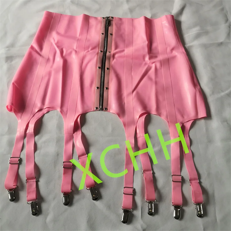 

Розовый женский латексный пояс для чулок с юбкой, зажимами для чулок, передней молнией, для вечеринок, клубов, косплея, костюмов