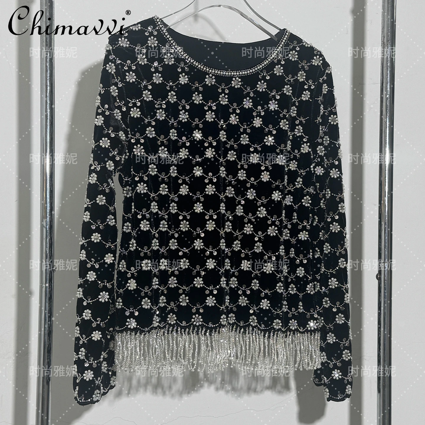 خريف شتاء جديد الثقيلة مطرز الترتر اللؤلؤ المرأة طويلة الأكمام تي شيرت موضة الجولة الرقبة شرابة المرحلة الفاخرة البلوز #4