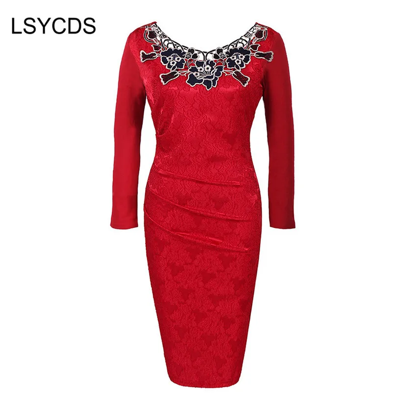 LSYCDS 2024 Vintage Red Women Dresses O Neck Long Sleeve Hollow Out Lace Casual Work  Elegant Pencil Winter Dress