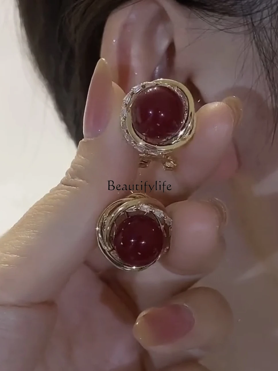 Red Bean Earrings Retro Hong Kong Style High-Grade Elegant Red Ear Buckle Fashionable Silver Needle Hot Earrings