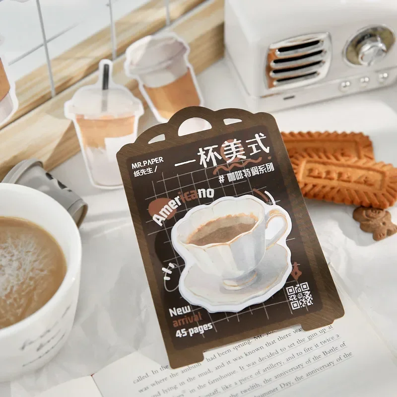 ชุดกระดาษโน้ตน่ารักลายกาแฟ 45 ชิ้น/ชุด แผ่นบันทึกส่วนตัว สมุดโน้ตแบบติดได้ สำหรับไดอารี่ สมุดภาพ อุปกรณ์สำนักงานและโรงเรียน