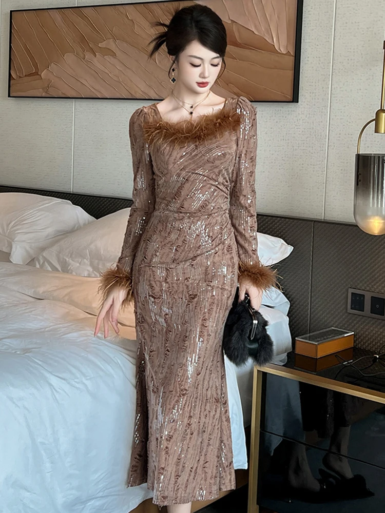 

Women's Clothing Luxury Retro Prom Dress Elegant Chic Coffee Sequins Fur Long Sleeve Fishtail Robe Lady Cocktail Party Vestidos