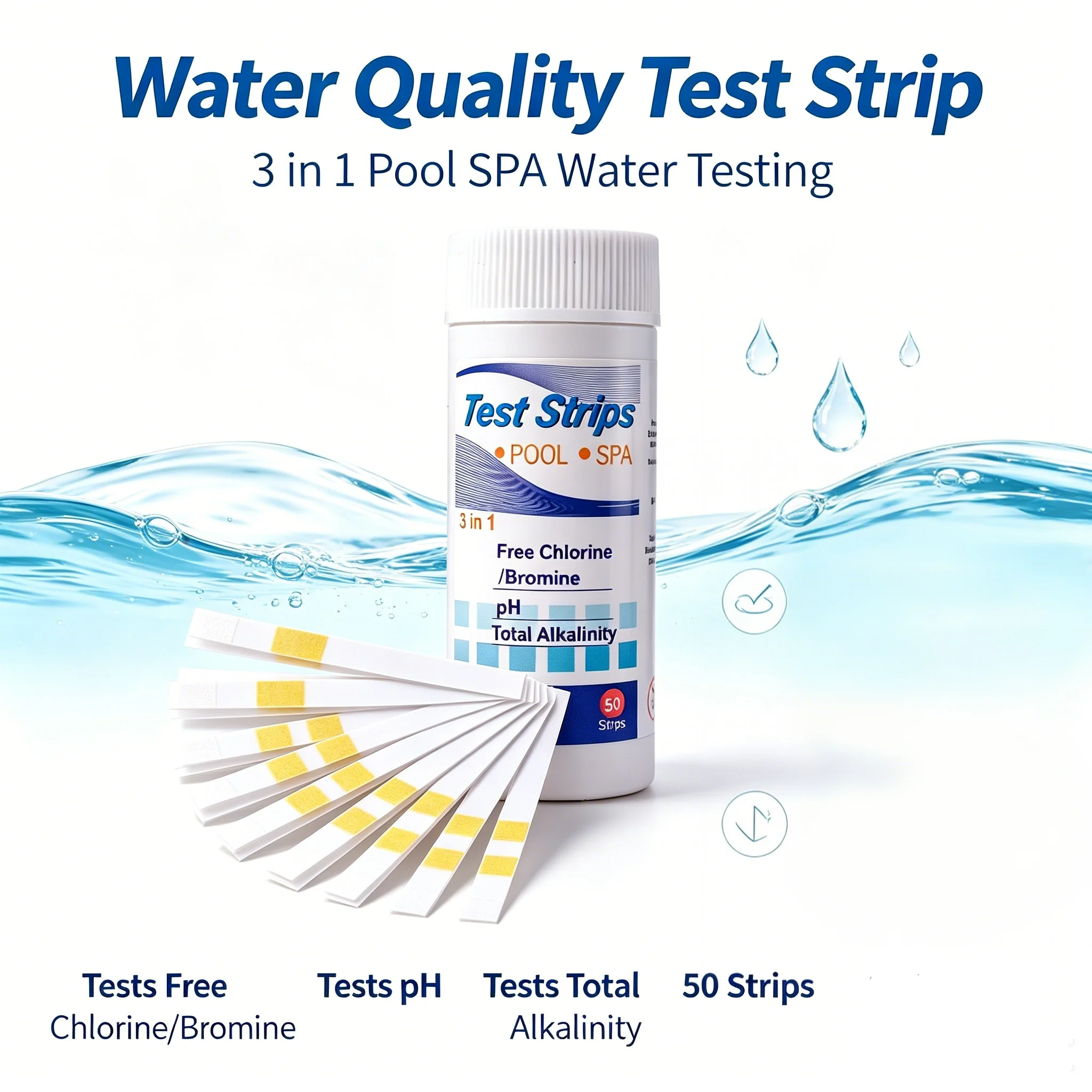50 Strips 3 in 1 Pool Test Strips Spa Hot Tub Water Testing Strips Detect Free Chlorine pH Total Alkalinity Water Quality Test