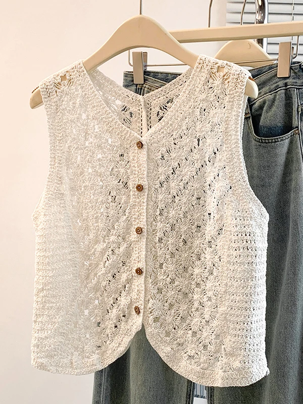 Women's Knitted Hollow out Hook Flower Vest Cardigan Bohemian Layering Outerwear Fall New Style plus Size Commute Friendly