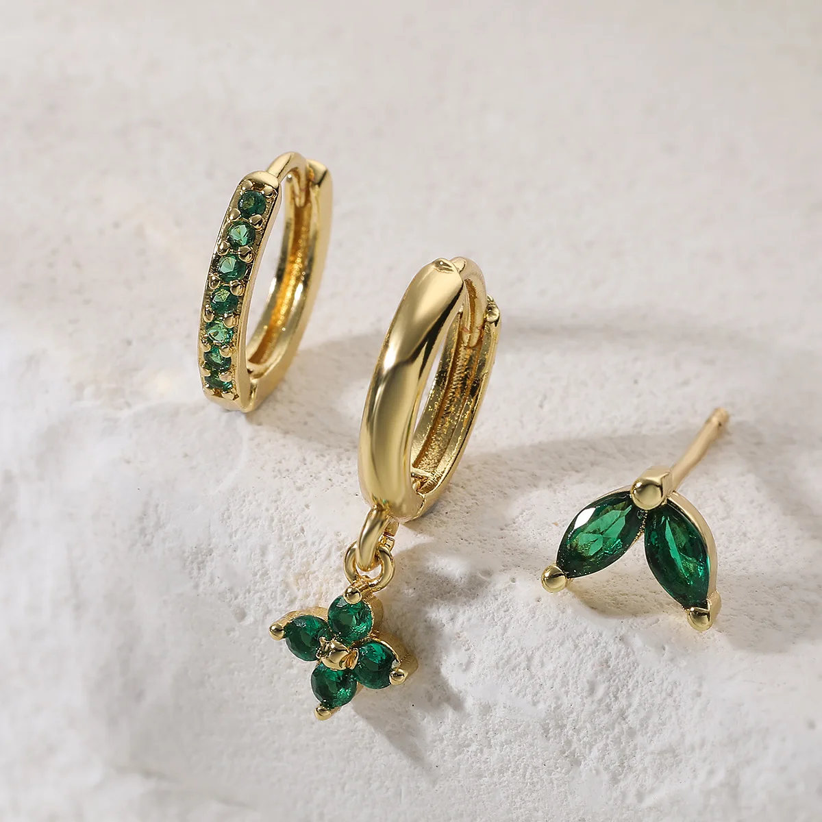 GANPUP 3 Stück Trendige Grüne Zirkon-Blumen-Creolen für Damen, Modischer Neuer Ohrpiercing-Schmuck, Geschenk für Party, Damenohrringe – Detail 5