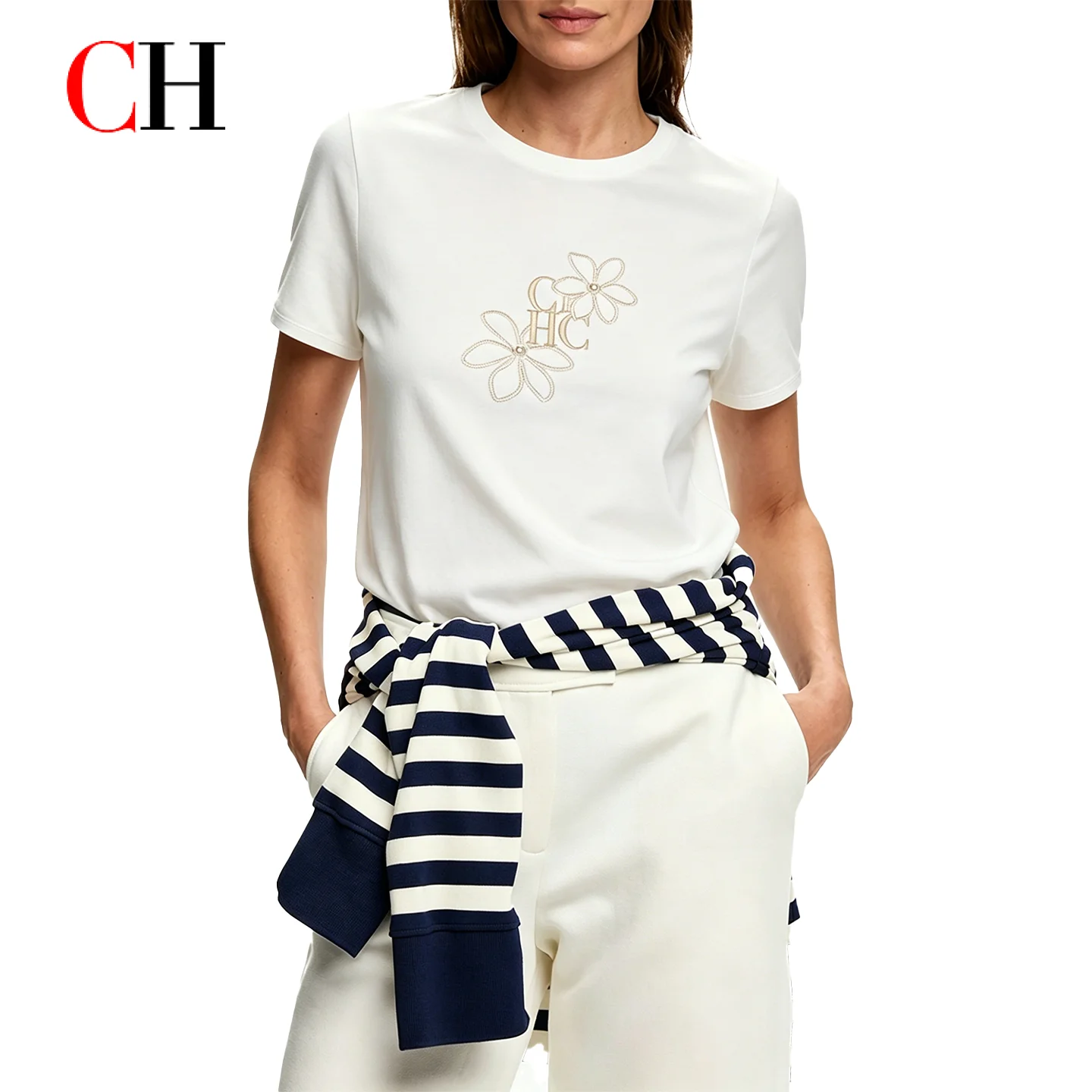 CH Women White Crew Neck T Shirt  Floral Embroidery Letter Print Soft Casual Short Sleeve Tee