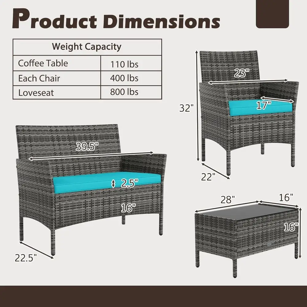 4-Piece Patio urniture Set - Rattan Outdoor Contion Bistro Set w/Cushions, Glass Coee Table, Wicker Chairs & Loveseat or Garden view 3