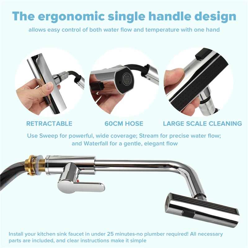 ก๊อกน้ำแบบดึงออกได้ LICE-Kitchen, ก๊อกผสมน้ำร้อนน้ำเย็นแบบยืดหยุ่นพร้อมติดตั้งบนเคาน์เตอร์และโหมดฝักบัวแบบสตรีม