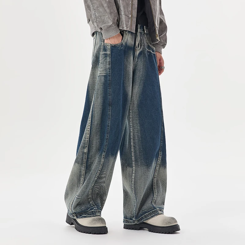 الرجال الخريف اليابانية التدرج الجينز الرجعية غسلها مستقيم الساق واسعة الساق السراويل تنوعا ارتداء اليومي فضفاض بناطيل كاجوال
