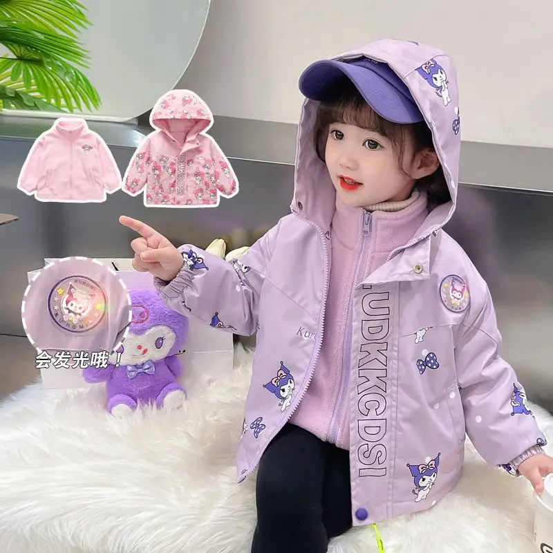 

Sanrio Children Kuromi Jacket Coat Hooded Anime Autumn Winter Triple Removable Cardigan Versatile Kids Girl Cartoon Sweet Kawaii