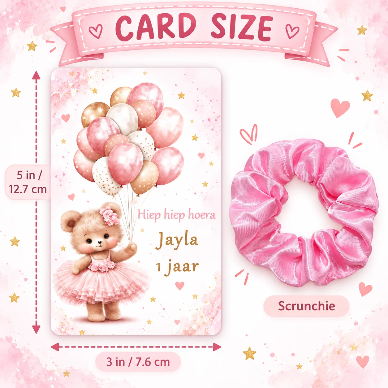 Personalized (Customized Card + Hair Tie) Set, Customizable with Name/Age/Greeting, Sweet Bear Bow Design, Satin Hair Tie Birthday Party Favor, Suitable for Gifting to Daughters, Best Friends, and Baby Shower Gifts
