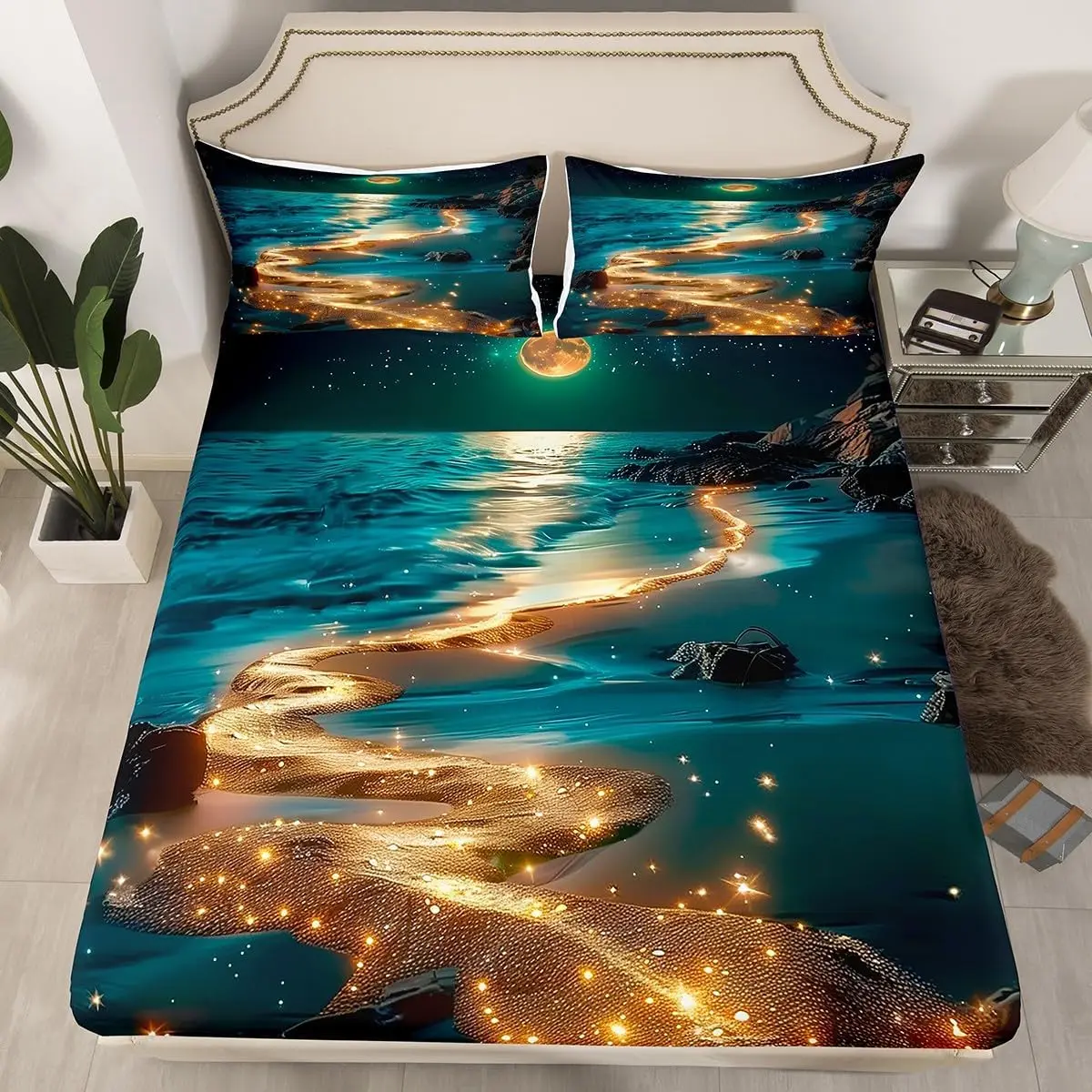 Summer Ocean Fitted Sheet Twin King Beach Sea Nature Scene Bed Sheets Set Microfiber Ocean Deep Pocket Sheet with 2 Pillowcases