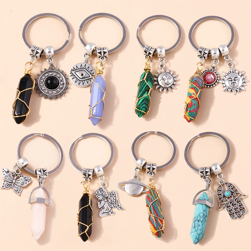 Natural Ethnic Gemstone Keychain Quartz Opal Crystal Keyrings Sun Moon Car Keyholder Handbag Pendants Charms DIY Jewelry Gifts