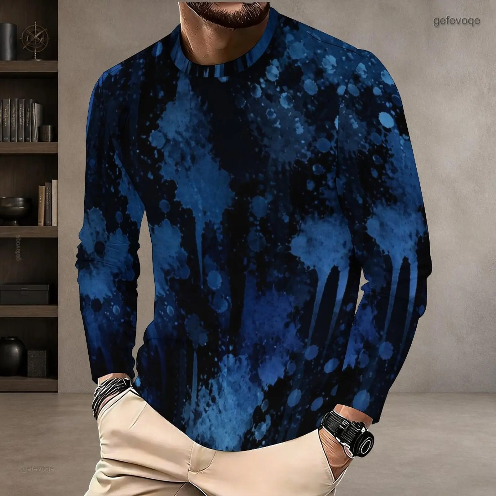 Men Round Neck Long Sleeve T-Shirt Blue Black Ink Splatter Drip Printed Pullover Top
