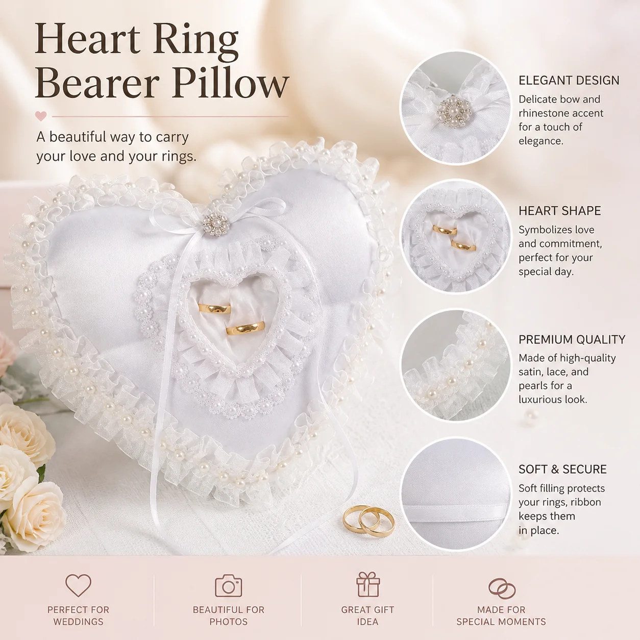 White Heart Shaped Wedding Ring Pillow Romantic Lace Pearl Satin Ring Bearer Cushion Bridal Ceremony Engagement Wedding Supplies