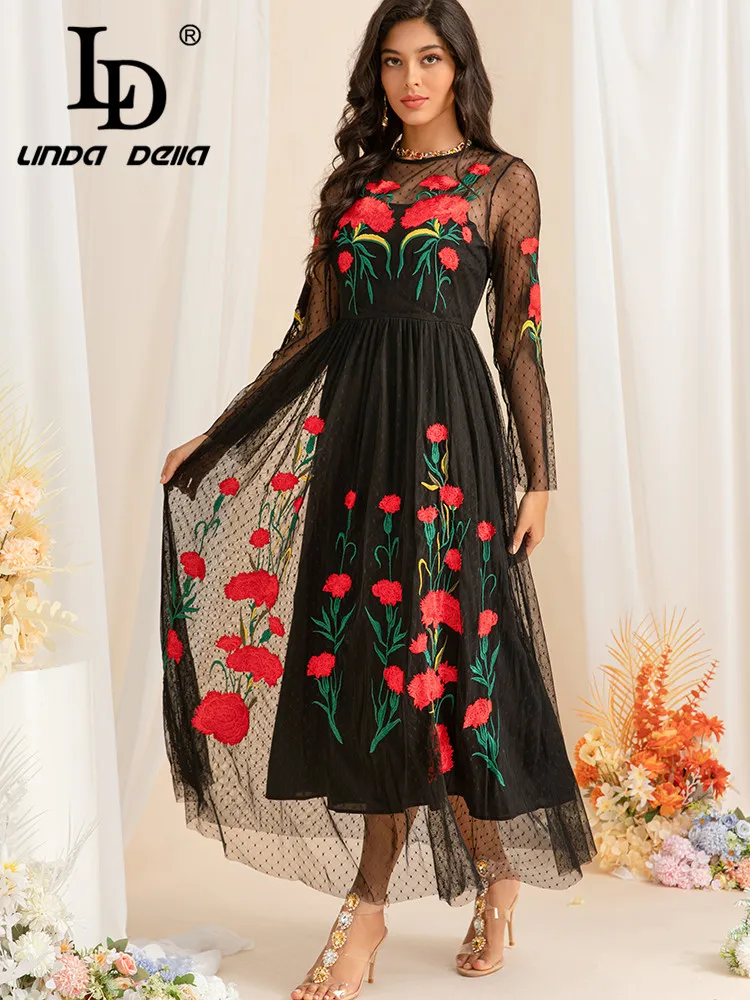 LD LINDA DELLA European Station Summer Dress New Mesh Embroidery Socialite Elegant Waist Slimming Long Dress Women