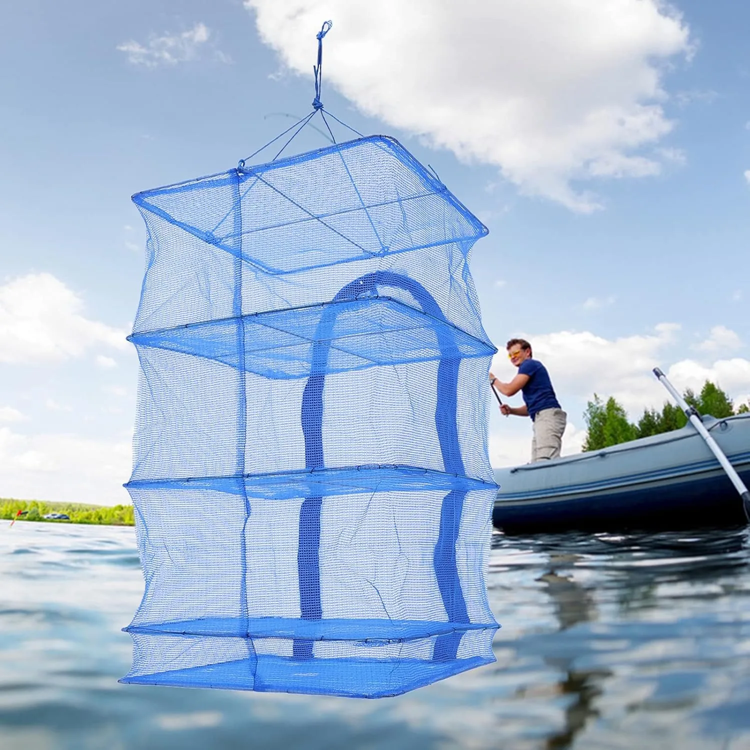 4-lagiges blaues hängendes Trockennetz, zusammenklappbares Netz, Trockner, Obst, Gemüse, Kräuternetz, Garnelen, zusammenklappbares Trockennetz mit doppelten Reißverschlüssen