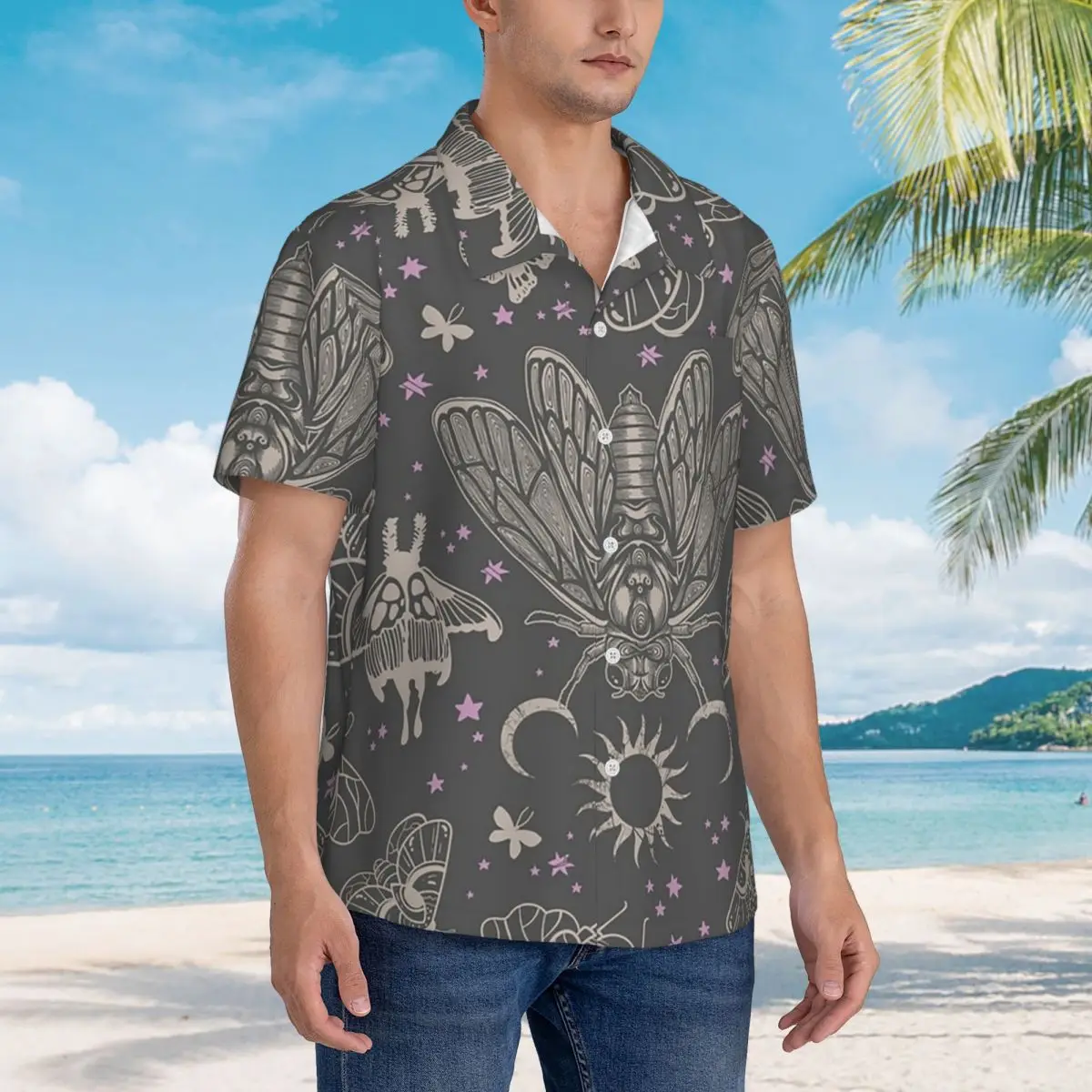 

Esoteric Cicada And Moth Witchy Celestial Hawaiian Shirts Funny Men Short Sleeve Shirt for Summer Beach Men's Button Tops