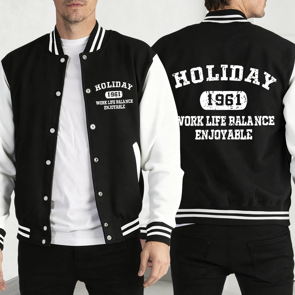 

Holiday 1961 Work Life Print Men Streetwear Fashion Street Baseball Jacket Loose Casual Coat Fleece American Clothing Unisex