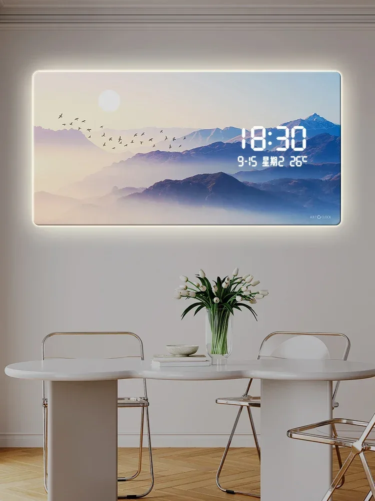 Modern simple digital display electronic wall clock living room decorative painting creative led light plug-in meter wall clock