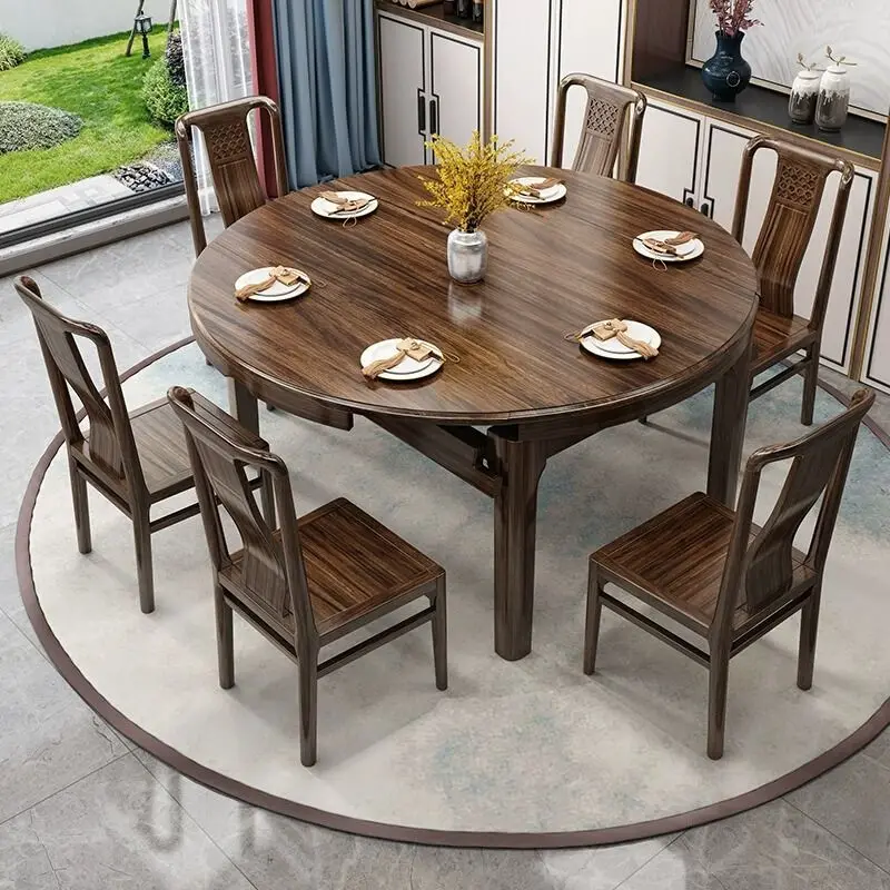 Dining table and chairs solid wood combination ebony full Chinese square and circle retractable small apartment folding