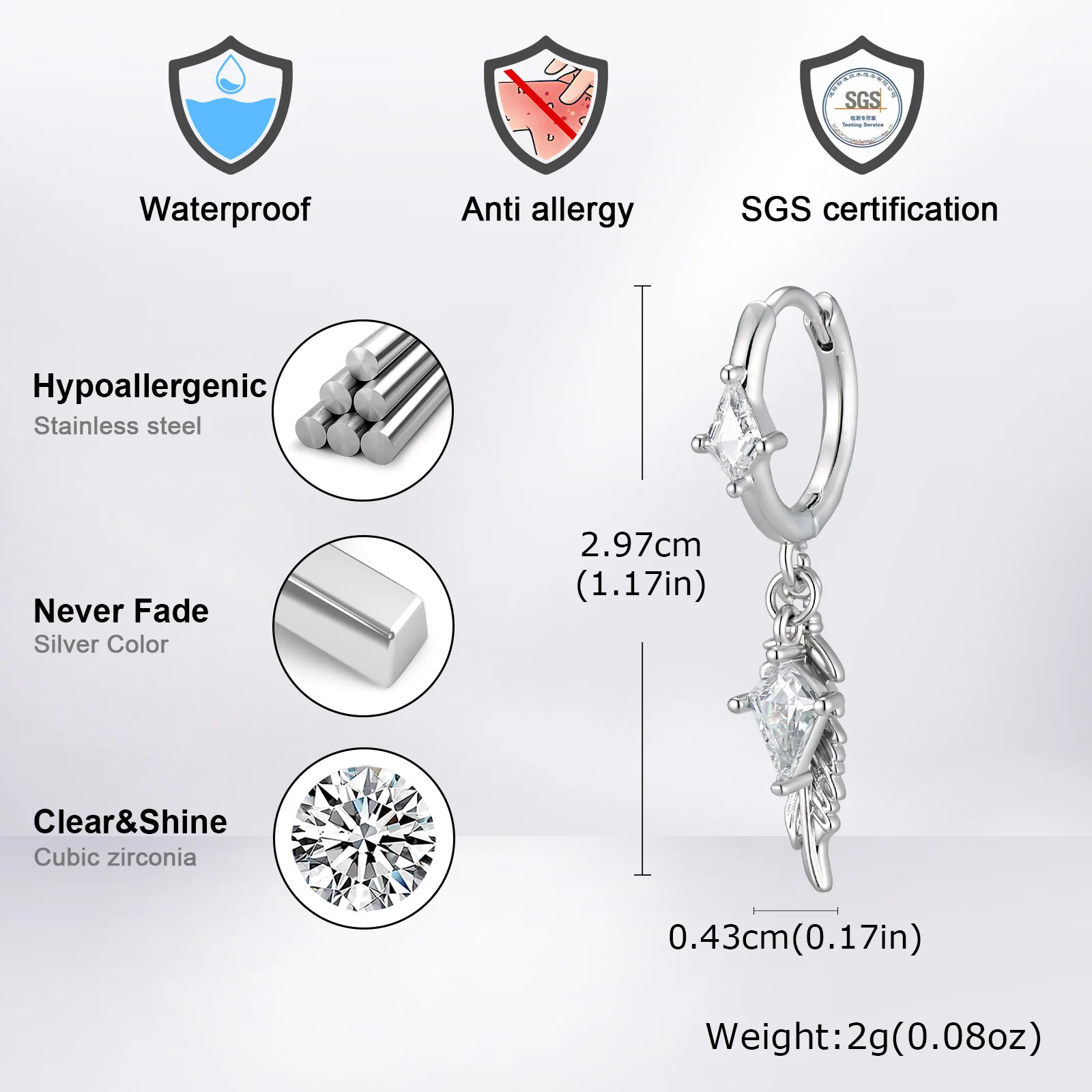 Gotische Feder-Creolen für Männer, Punk Geometrische Zirkon-Metall-Ohrhänger, Hip-Hop Schmuck Geschenke – Detail 3