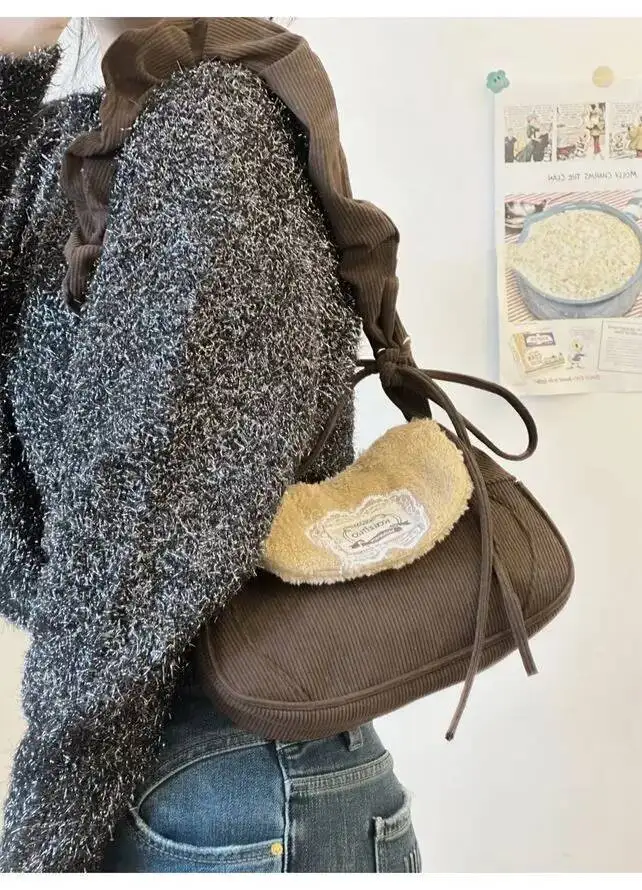 Bloom Haruku Corduroy Brown Shoulder Y2k Female Sweet Cute Casual Handbag Women Autumn Winter Plush Crossbody Bag 2025